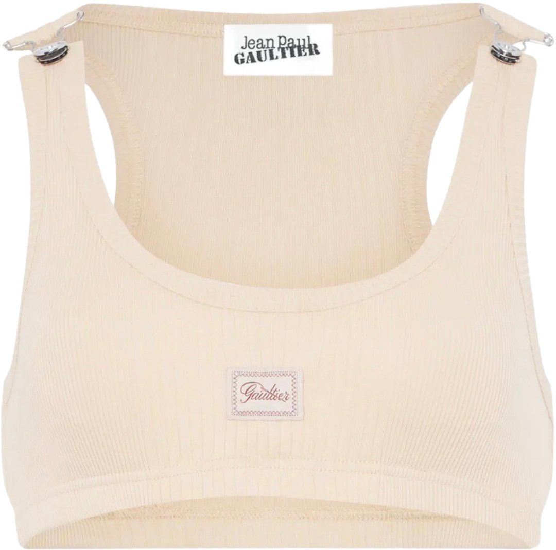 Jean Paul Gaultier Cotton Ribbed Bra With Gaultier Patch And Overall Buckles Nude Divers