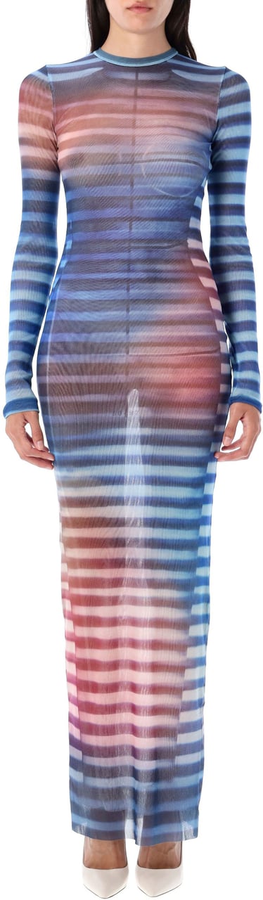 Jean Paul Gaultier Long Dress Stripe Air Light Blue Peach Blauw