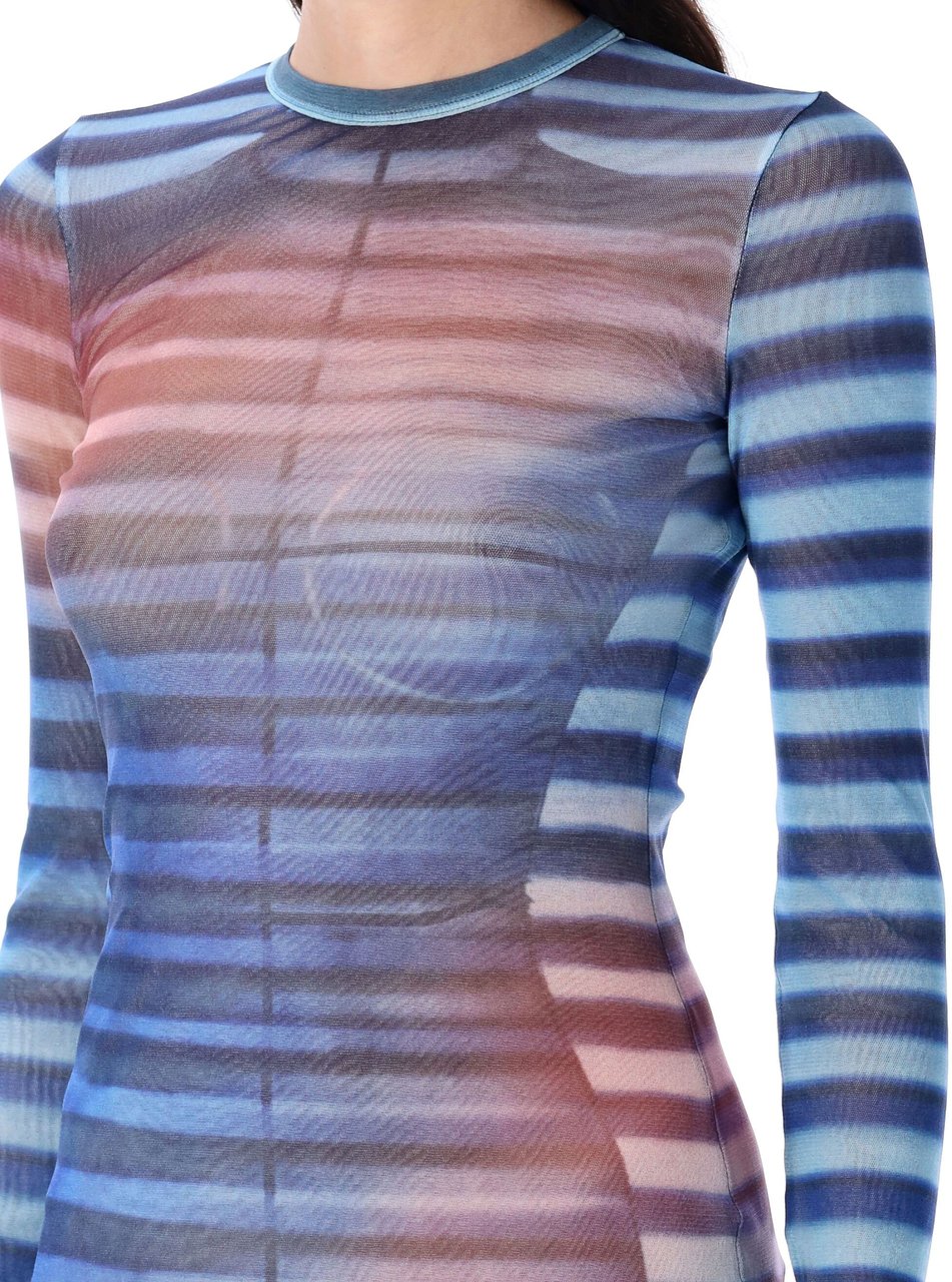 Jean Paul Gaultier Long Dress Stripe Air Light Blue Peach Blauw