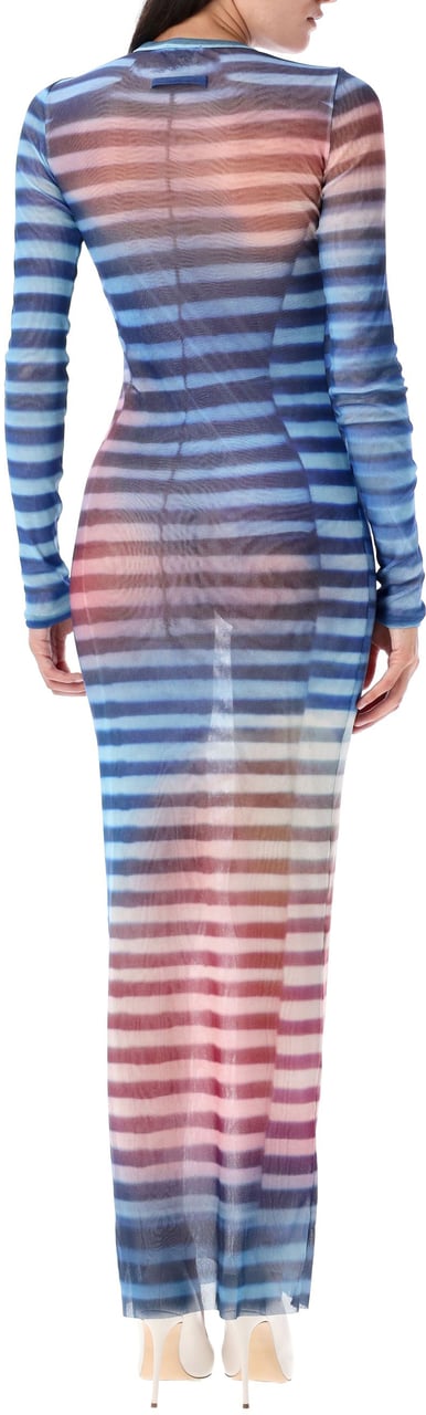 Jean Paul Gaultier Long Dress Stripe Air Light Blue Peach Blauw