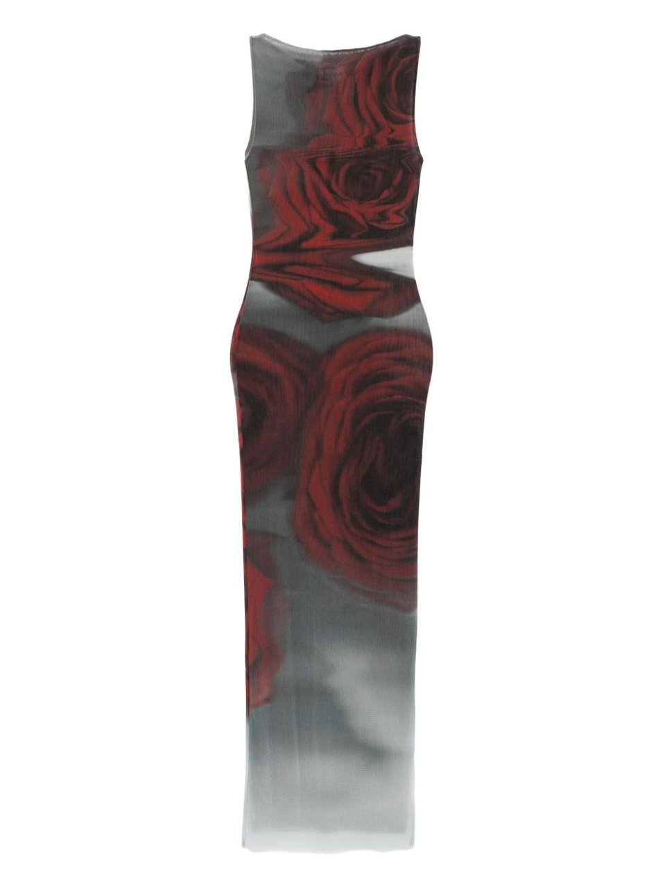 Jean Paul Gaultier Dark Red Blurry Roses Print Sleeveless Tulle Maxi Dress Grijs