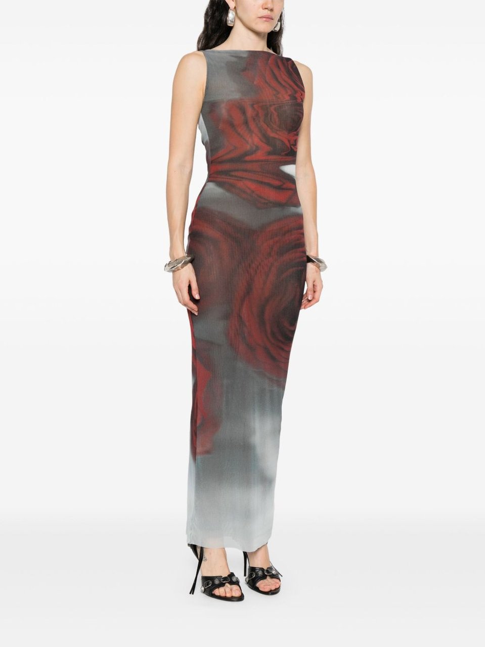 Jean Paul Gaultier Dark Red Blurry Roses Print Sleeveless Tulle Maxi Dress Grijs