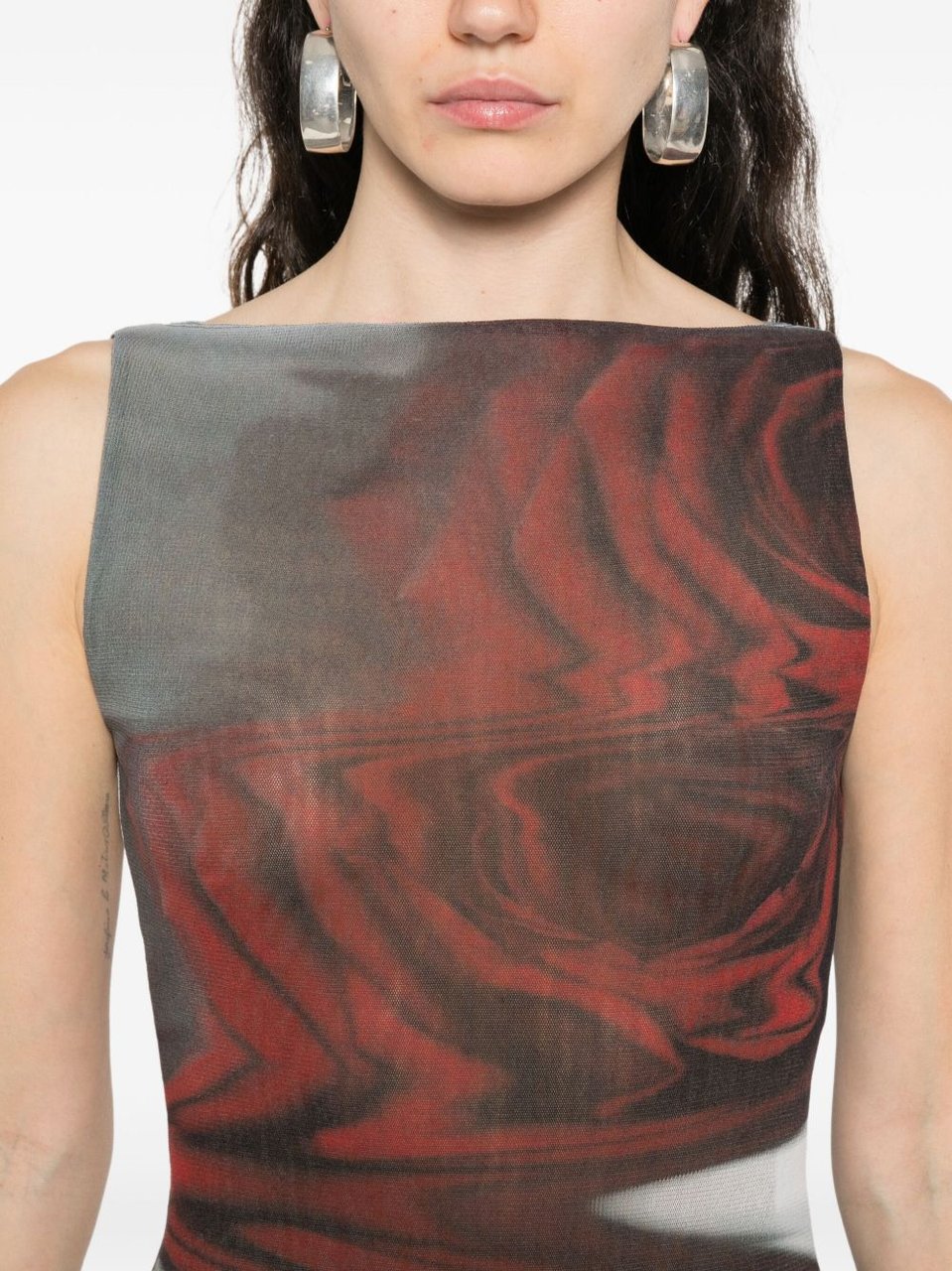 Jean Paul Gaultier Dark Red Blurry Roses Print Sleeveless Tulle Maxi Dress Grijs