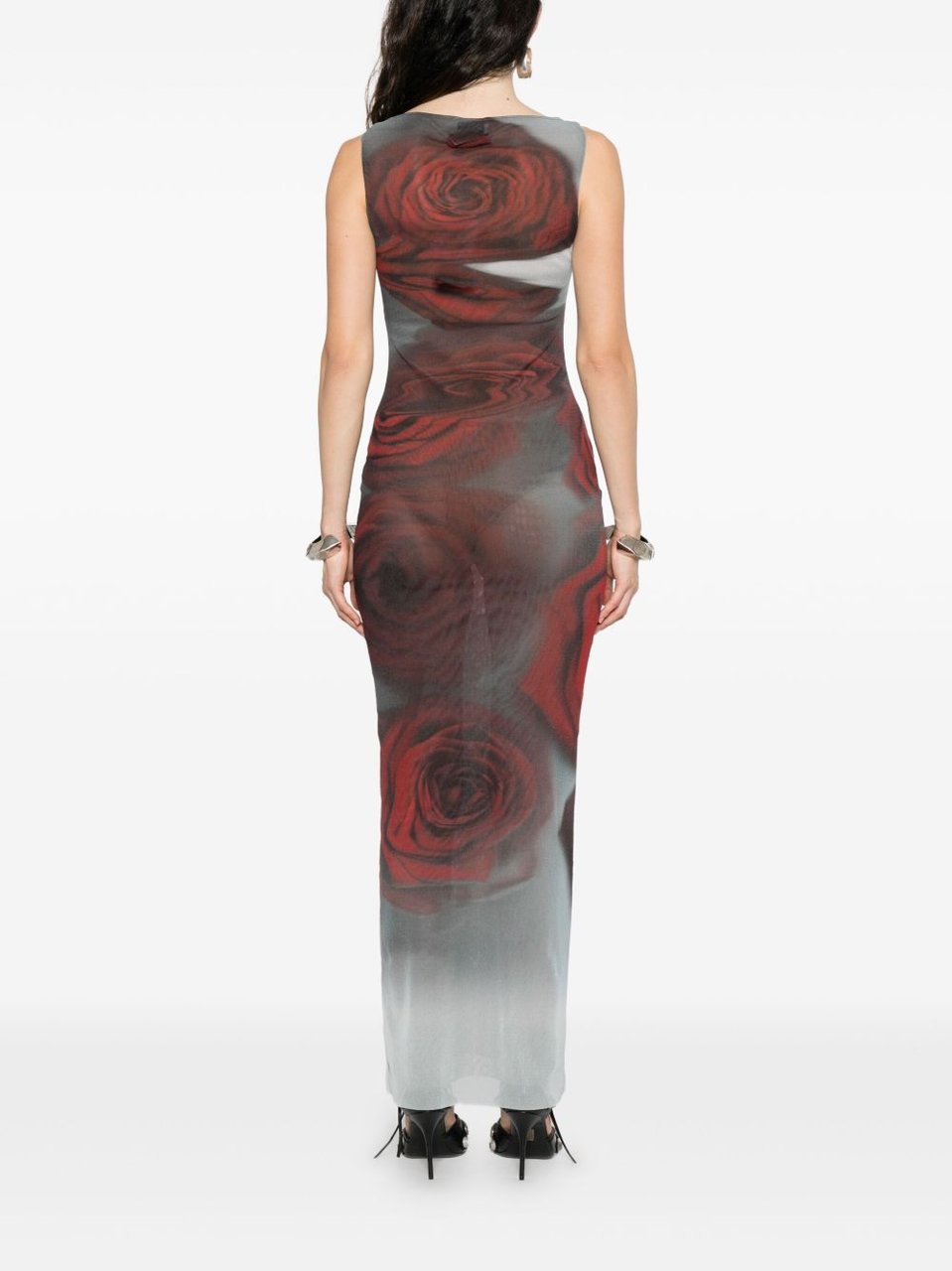 Jean Paul Gaultier Dark Red Blurry Roses Print Sleeveless Tulle Maxi Dress Grijs