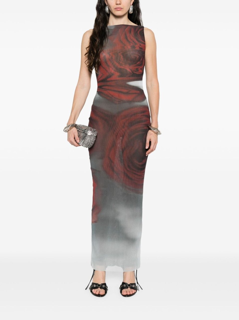 Jean Paul Gaultier Dark Red Blurry Roses Print Sleeveless Tulle Maxi Dress Grijs