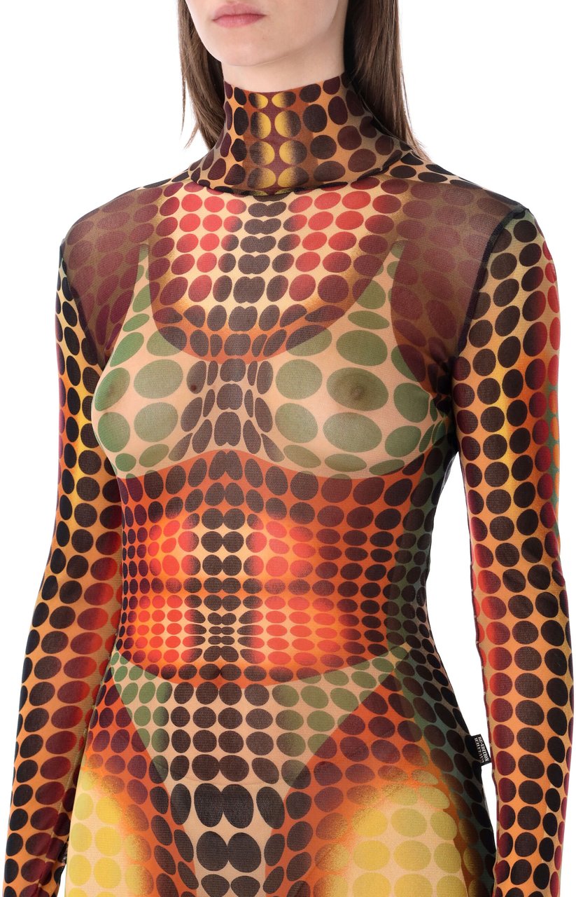 Jean Paul Gaultier Mesh Long Dress Vasarely Print Orange Multi Divers