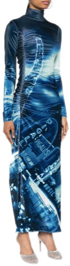 Jean Paul Gaultier Gathered Velvet Long Dress Printed "pigalle" Navy/lightblue Blauw