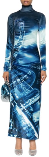 Jean Paul Gaultier Gathered Velvet Long Dress Printed "pigalle" Navy/lightblue Blauw