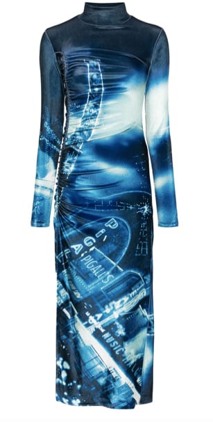 Jean Paul Gaultier Gathered Velvet Long Dress Printed "pigalle" Navy/lightblue Blauw