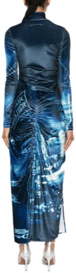 Jean Paul Gaultier Gathered Velvet Long Dress Printed "pigalle" Navy/lightblue Blauw