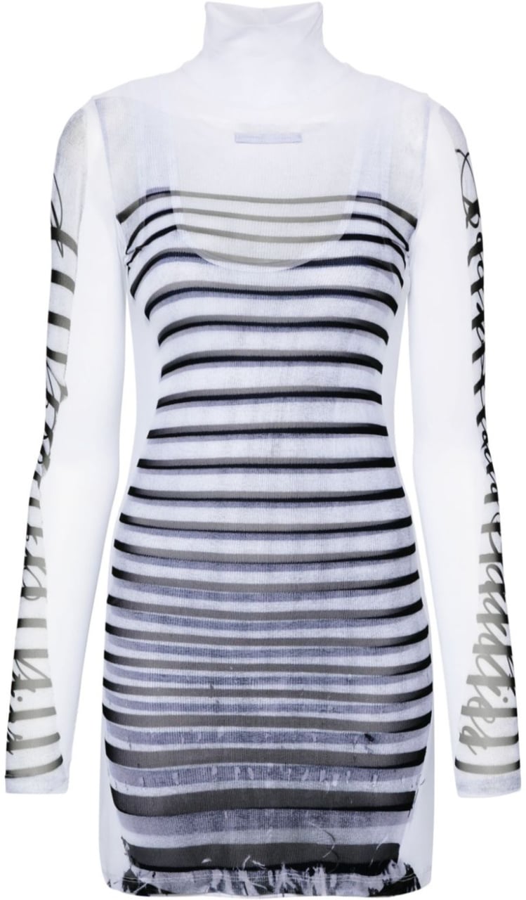 Jean Paul Gaultier Spandex And Mesh Short Dress Printed "feathers Mariniere" White/navy Blauw