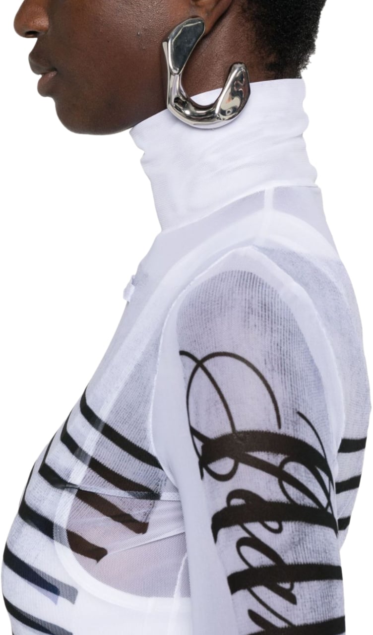Jean Paul Gaultier Spandex And Mesh Short Dress Printed "feathers Mariniere" White/navy Blauw