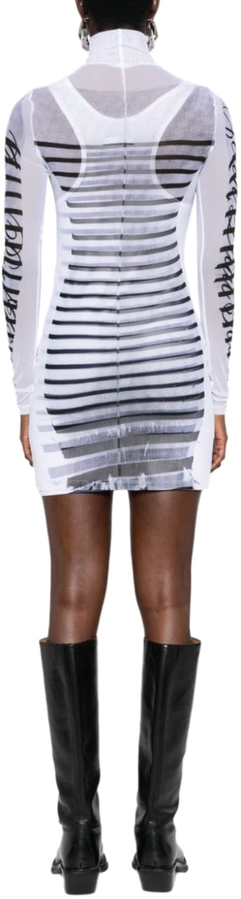 Jean Paul Gaultier Spandex And Mesh Short Dress Printed "feathers Mariniere" White/navy Blauw