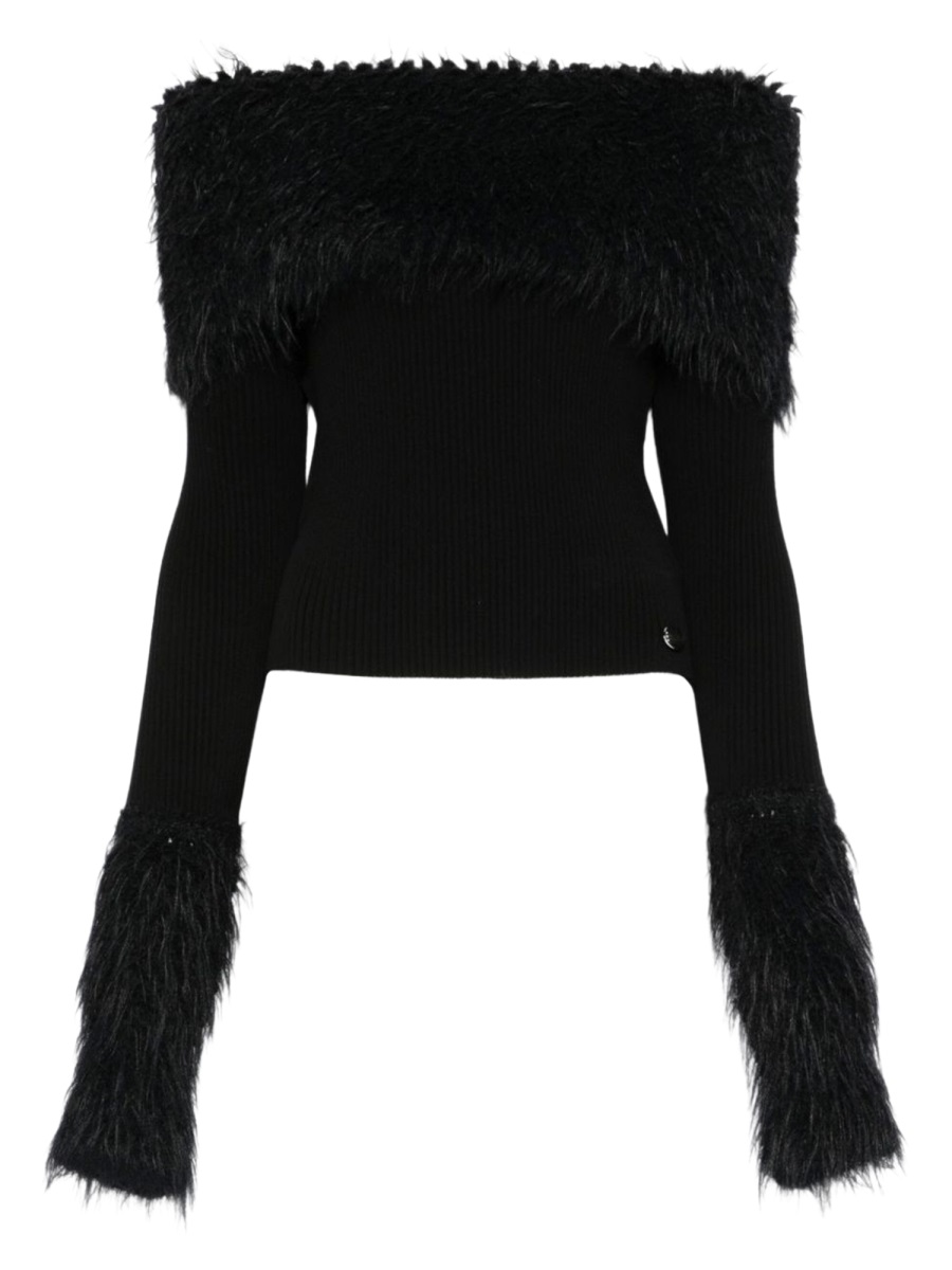 Jean Paul Gaultier Off-Shoulder Ribbed Knit Sweater Zwart