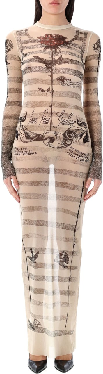 Jean Paul Gaultier Mesh Tatoo Marinier Long Dress Ecru Black Red Rood