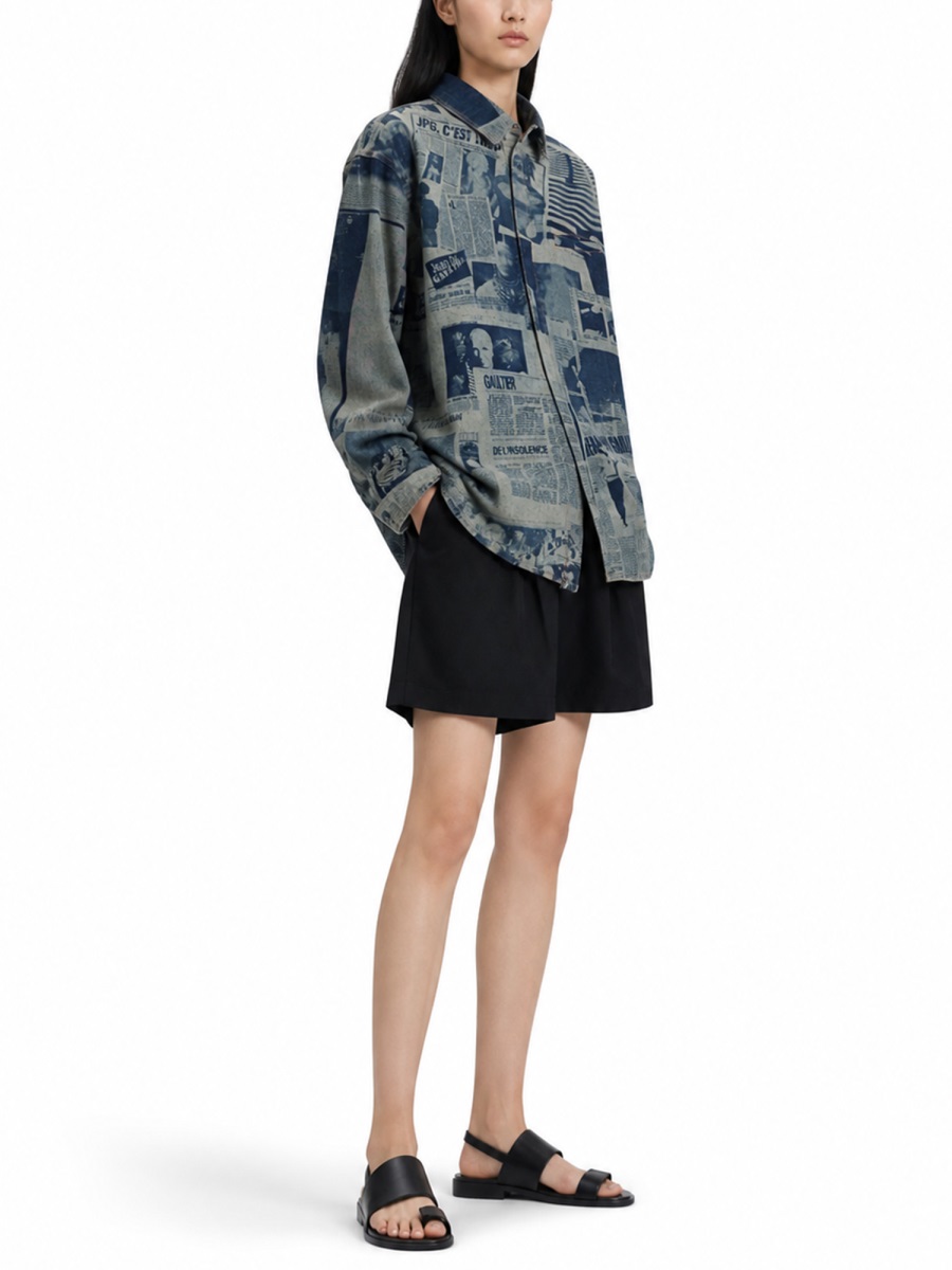 Jean Paul Gaultier All-Over Newspaper Print Cotton Shirt Grijs