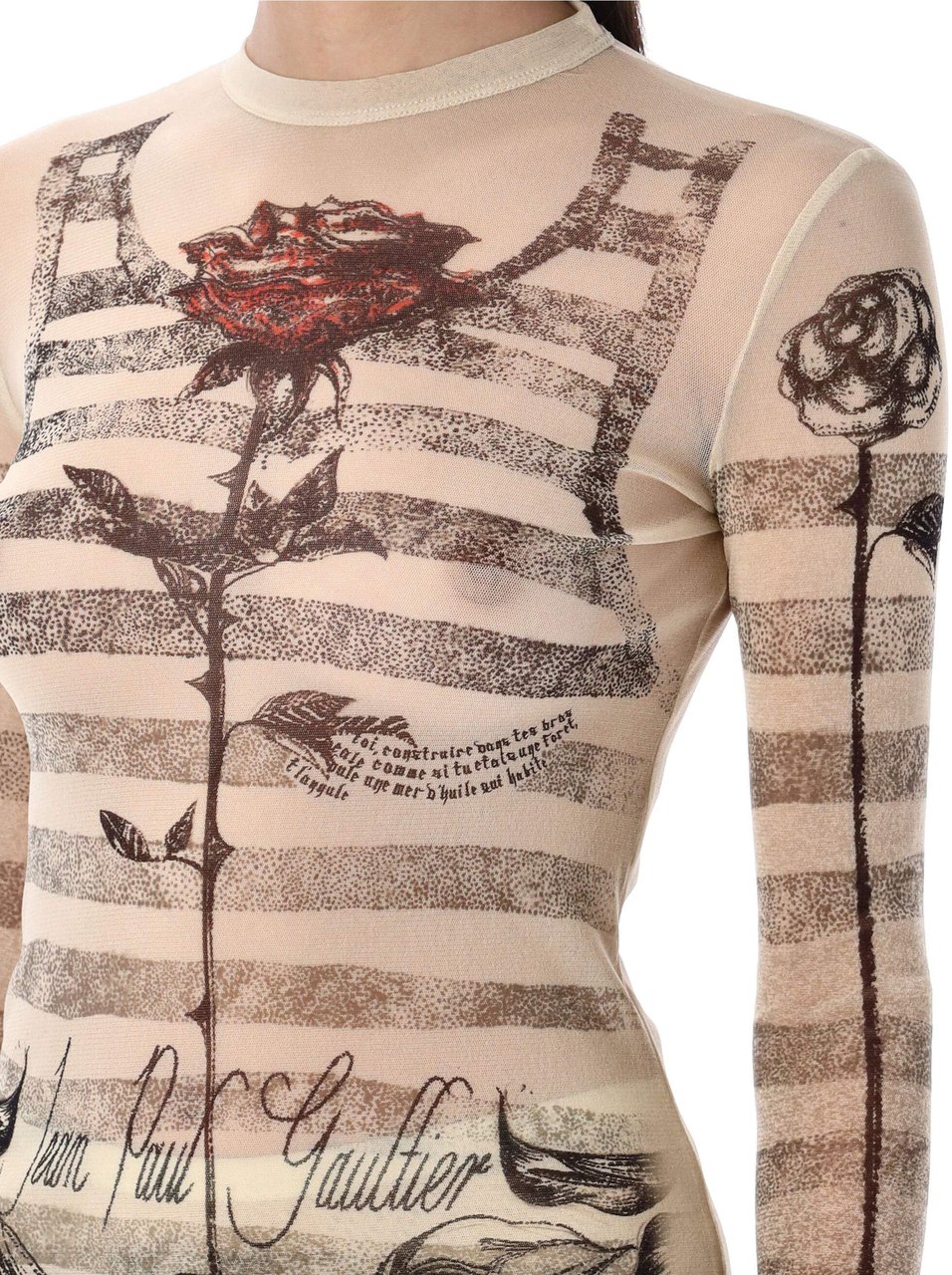 Jean Paul Gaultier Mesh Ls Sleeve Tatoo Marinier Top Ecru Black Red Rood