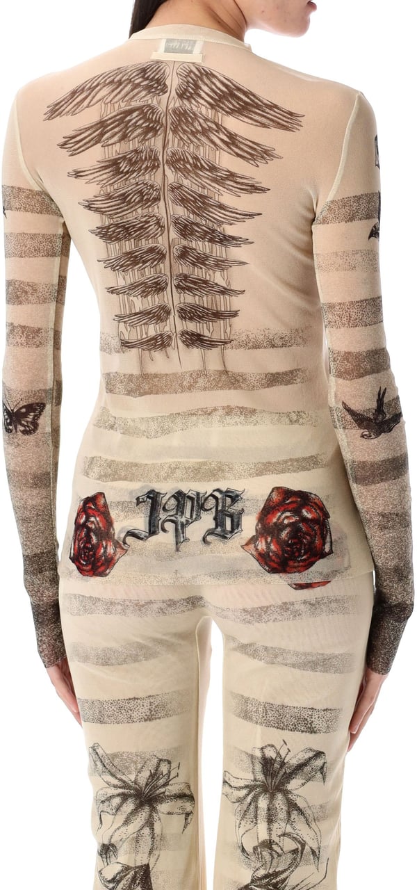 Jean Paul Gaultier Mesh Ls Sleeve Tatoo Marinier Top Ecru Black Red Rood