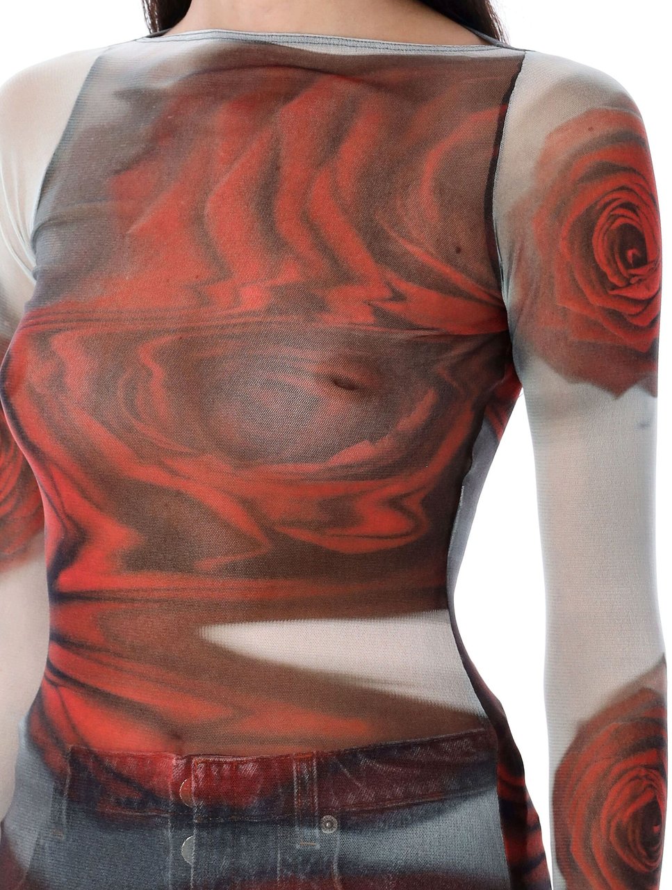 Jean Paul Gaultier Blurry Rose Mesh Top White Red Rood