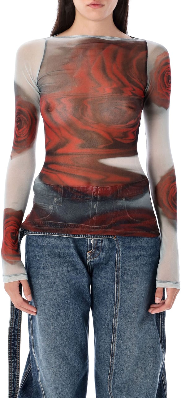 Jean Paul Gaultier Blurry Rose Mesh Top White Red Rood