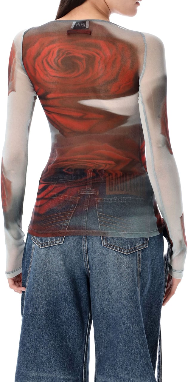Jean Paul Gaultier Blurry Rose Mesh Top White Red Rood