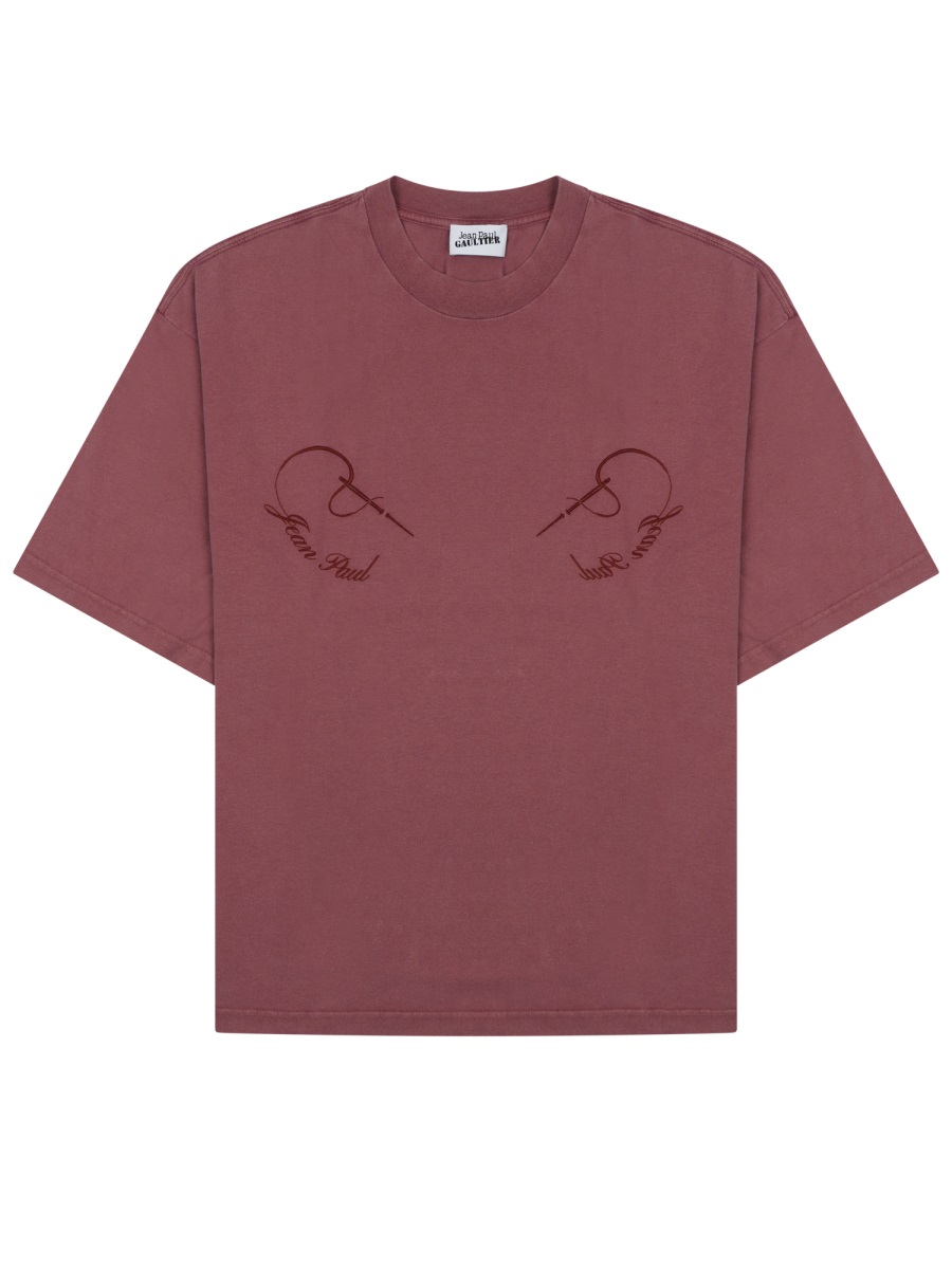 Jean Paul Gaultier Muted Mauve Needles Embroidered T-Shirt Maroon