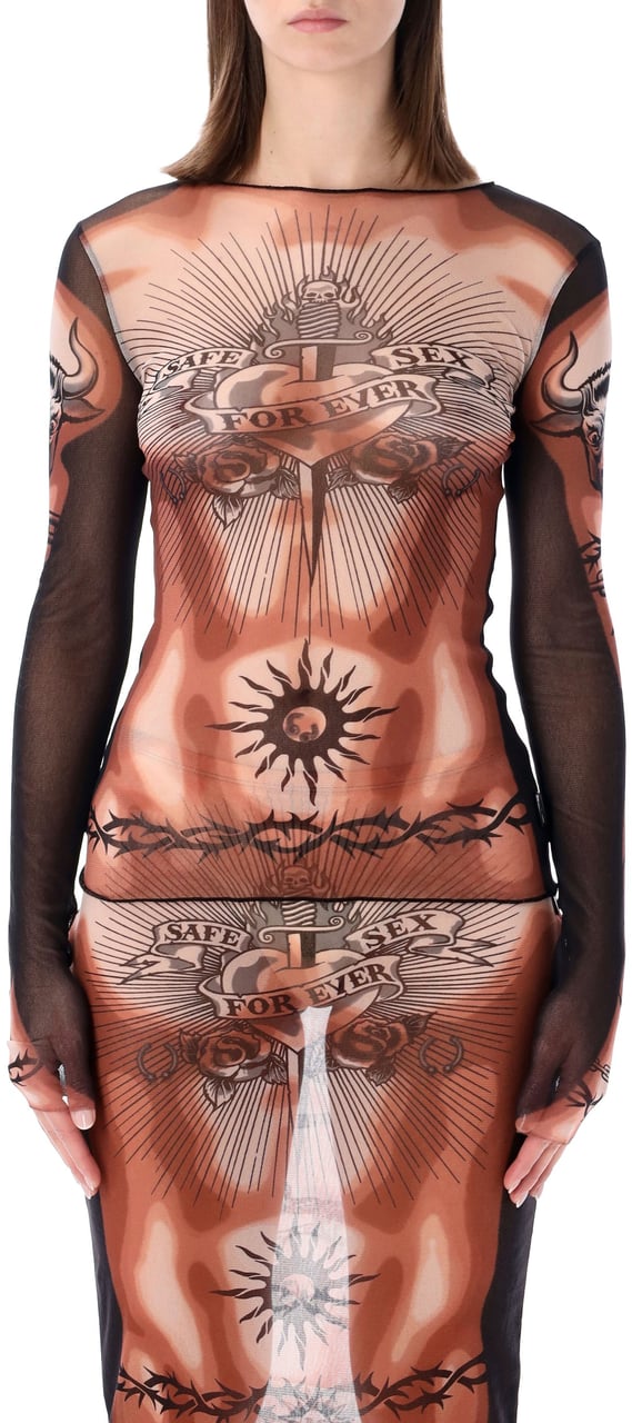 Jean Paul Gaultier Mesh Top Safe Sex Tatoo Nude Tatoo Beige