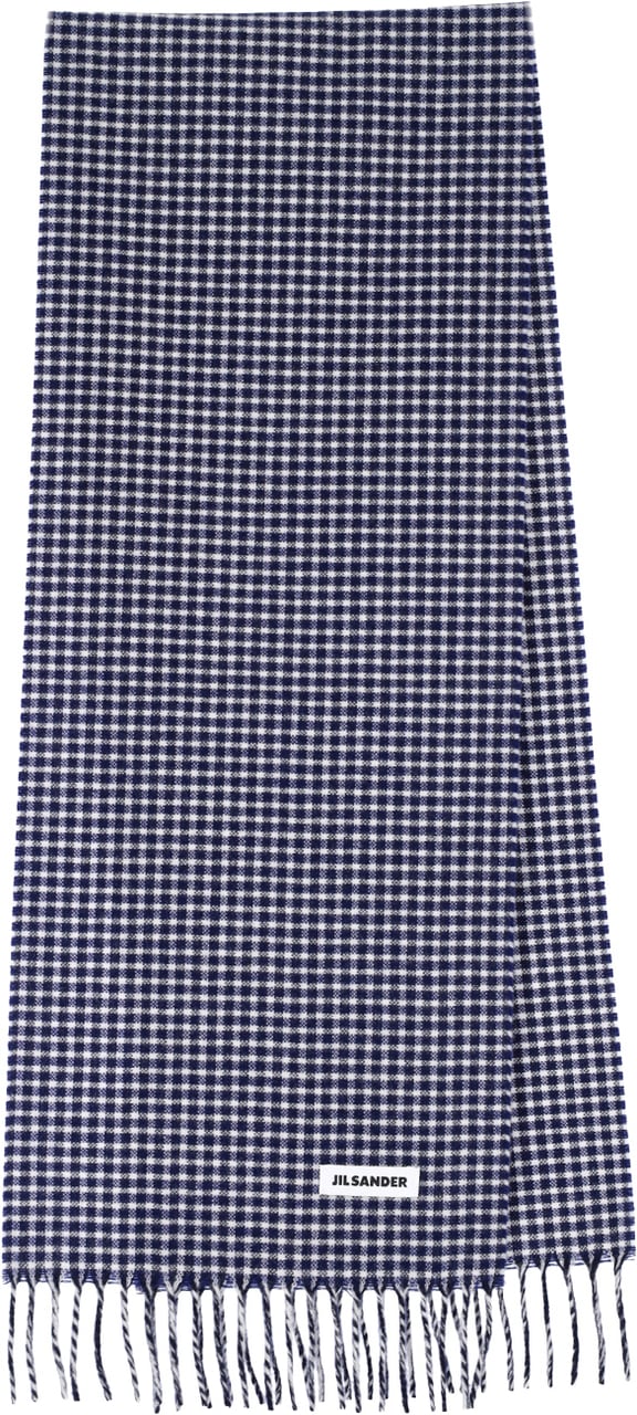 Jil Sander Blue Check Virgin Wool Fringed Scarf Blauw