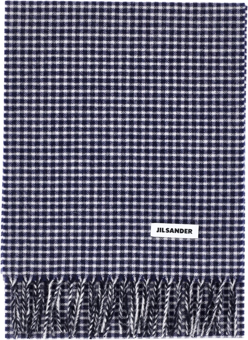 Jil Sander Blue Check Virgin Wool Fringed Scarf Blauw