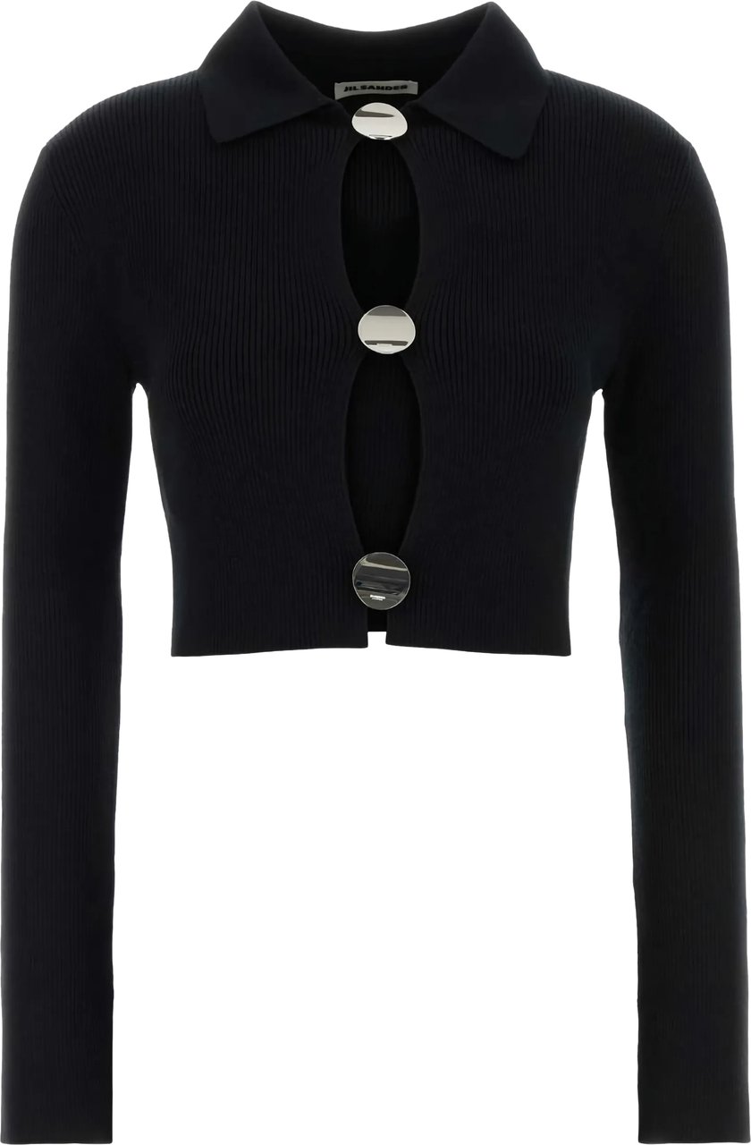 Jil Sander Black Cropped Ribbed Knit Cardigan Zwart