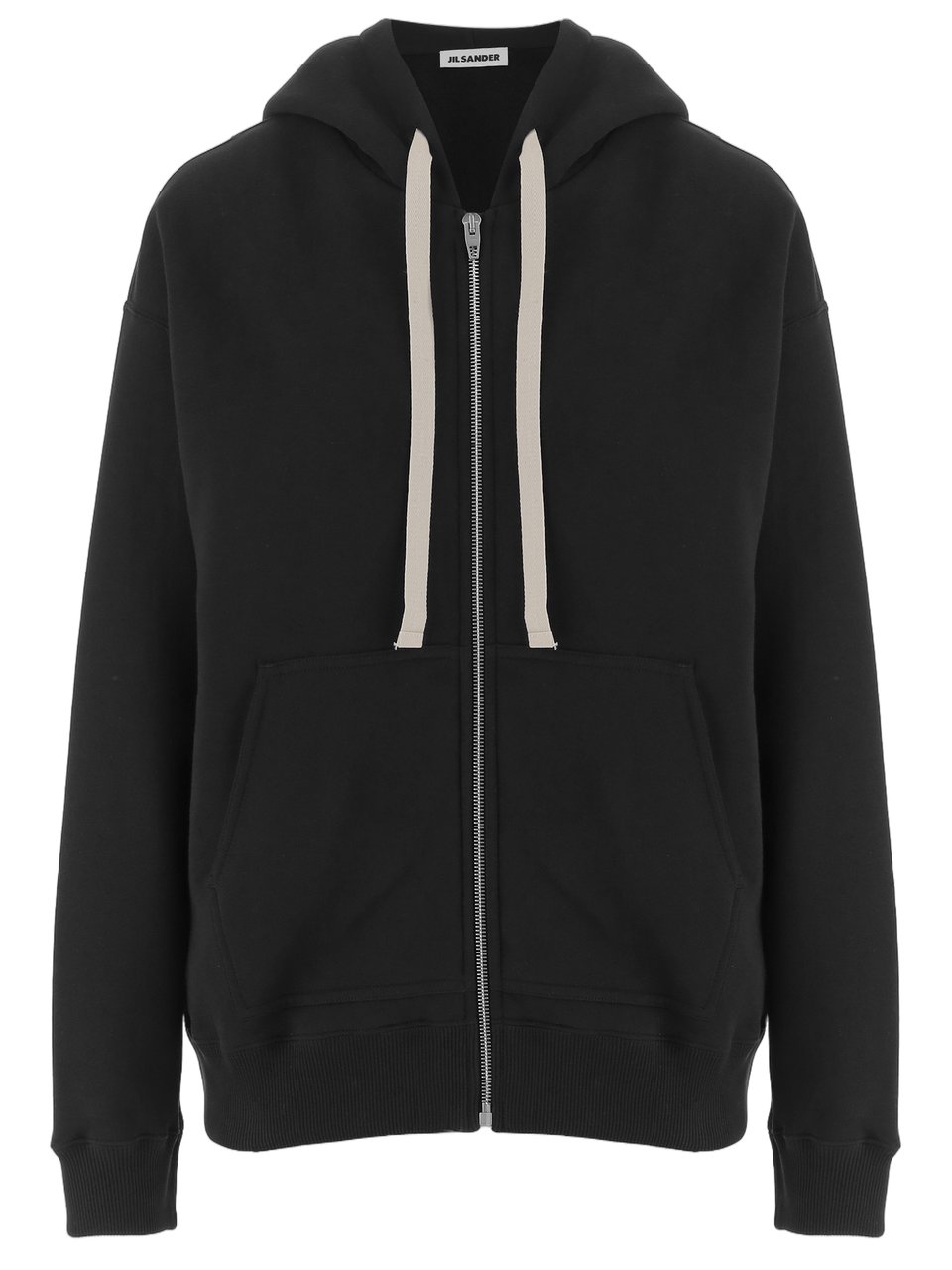 Jil Sander Full-Zip Black Cotton Hoodie With Vertical Logo Print Zwart