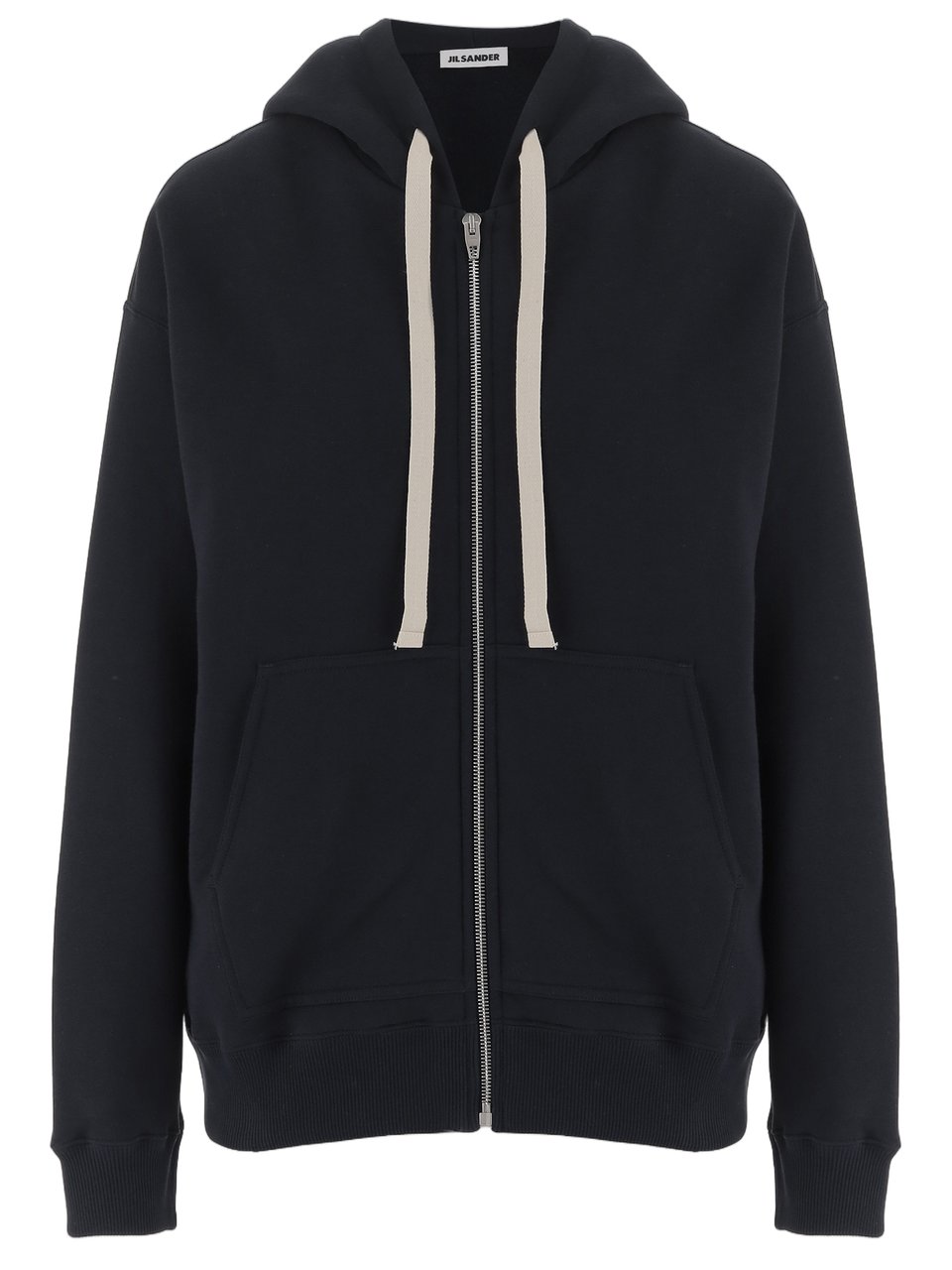 Jil Sander Navy Cotton Hoodie with Front Zip and Vertical Logo Zwart