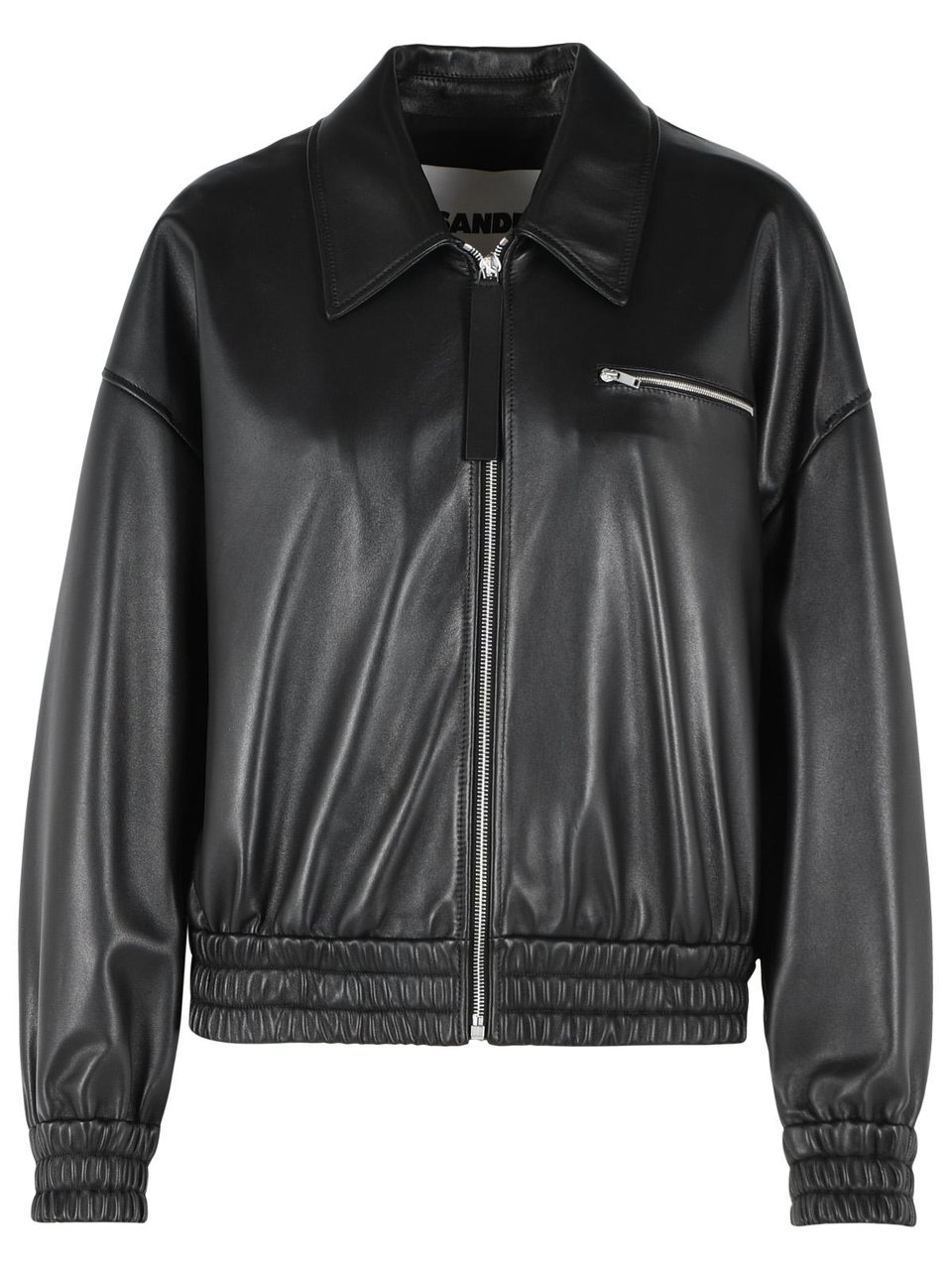 Jil Sander Black Leather Bomber Jacket Zwart