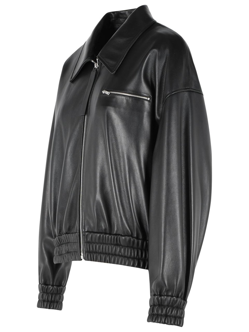 Jil Sander Black Leather Bomber Jacket Zwart