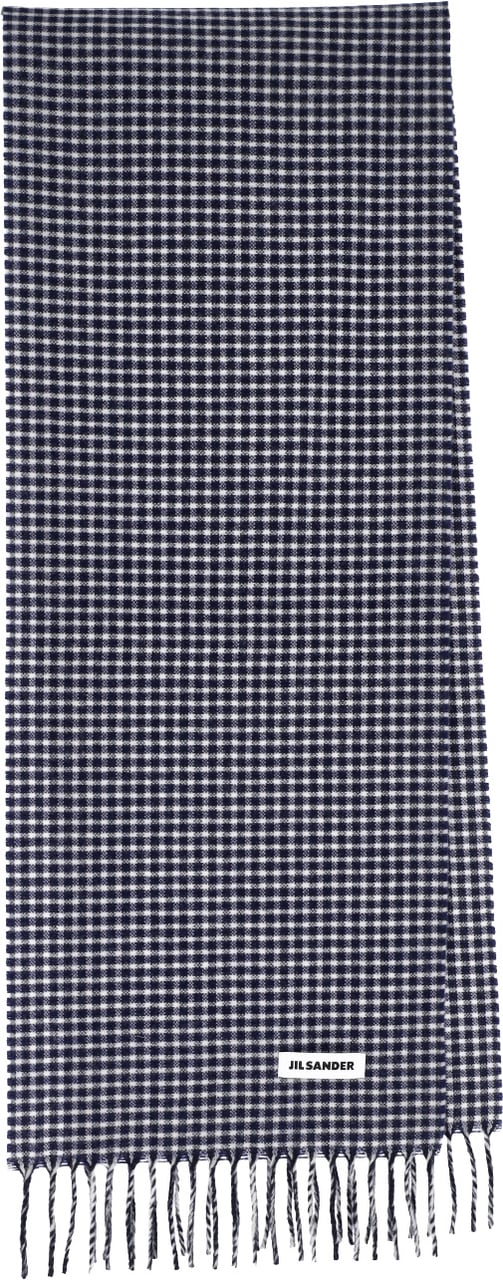 Jil Sander Blue Check Virgin Wool Fringed Scarf Blauw