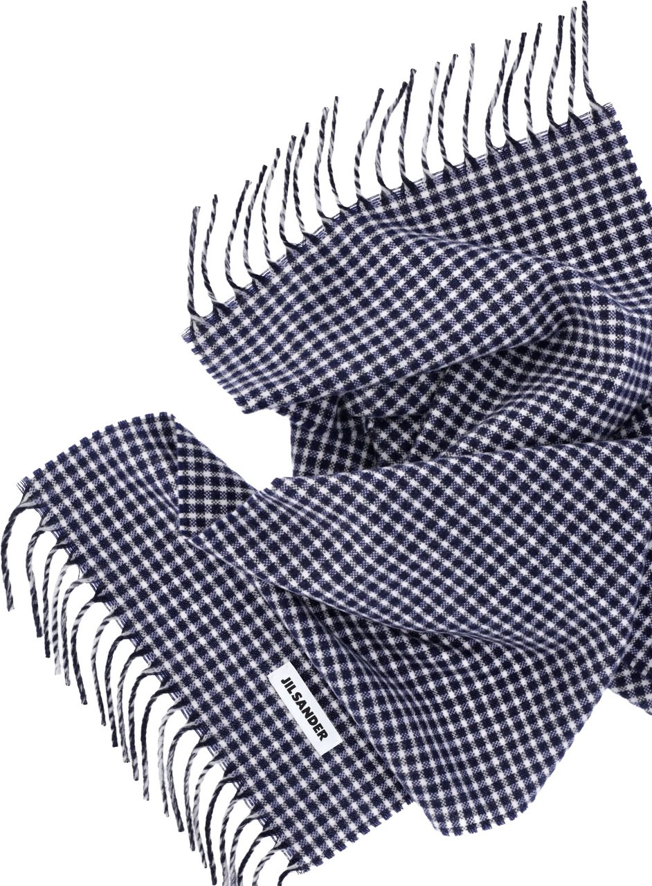 Jil Sander Blue Check Virgin Wool Fringed Scarf Blauw