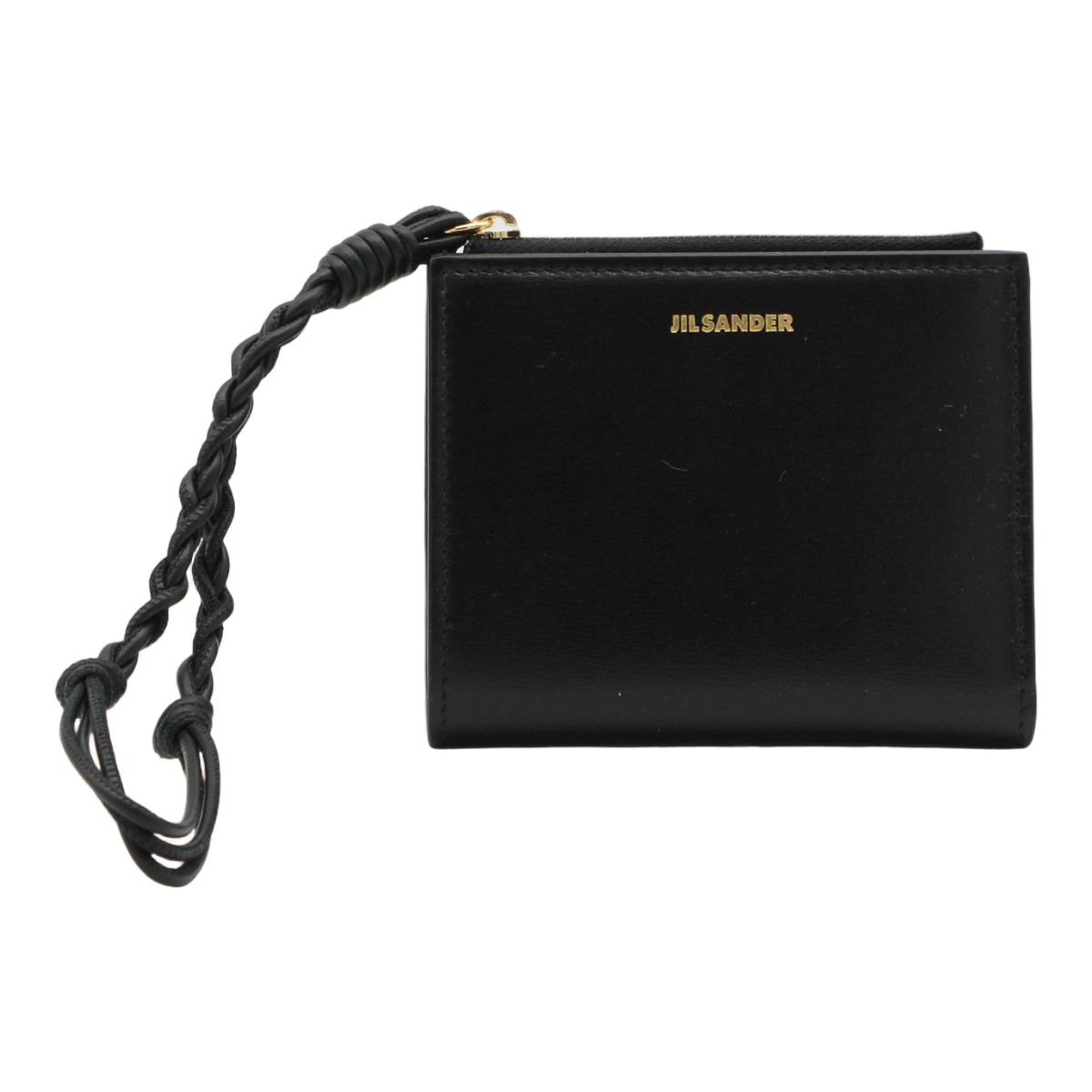 Jil Sander Compact Black Wallet With Gold Hardware And Braided Strap Zwart