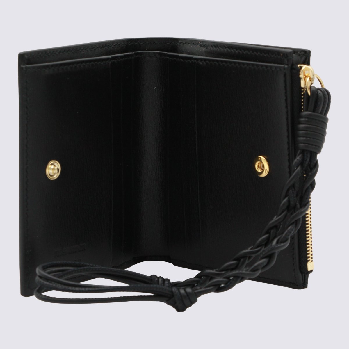 Jil Sander Compact Black Wallet With Gold Hardware And Braided Strap Zwart