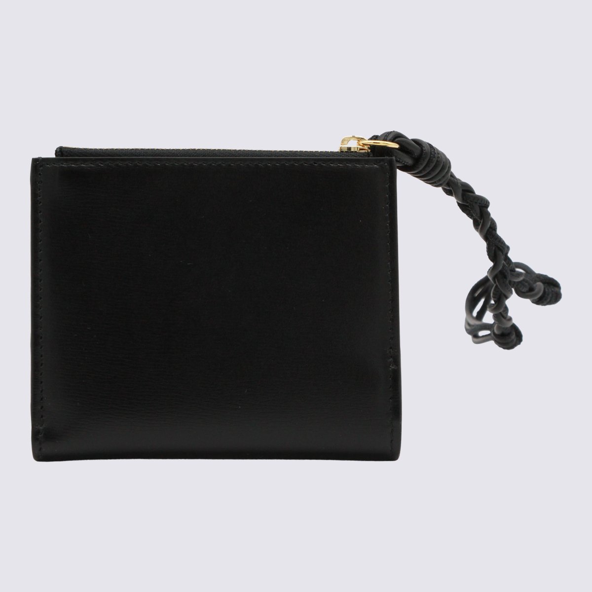 Jil Sander Compact Black Wallet With Gold Hardware And Braided Strap Zwart