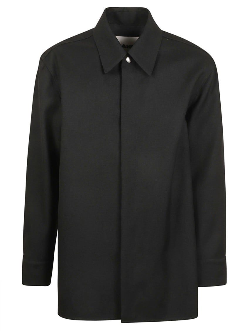Jil Sander Button-Down Black Wool Shirt With Classic Collar Zwart