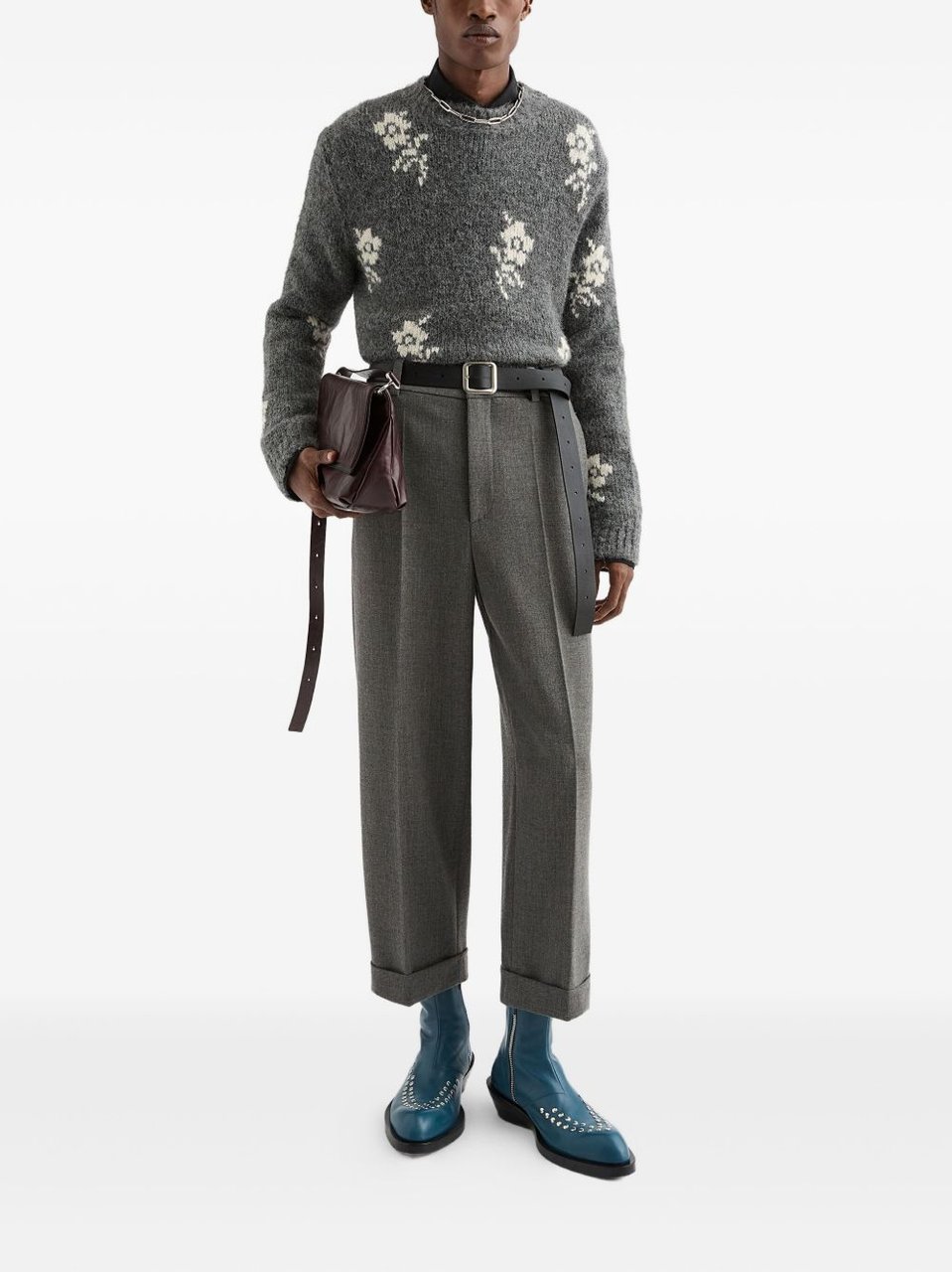 Jil Sander Medium Grey Floral Knitted Jumper Grijs