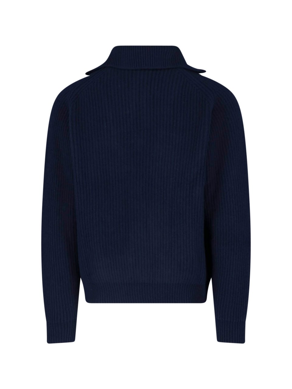 Jil Sander Half-Zip Ribbed Knit Sweater with Wide Collar Blauw
