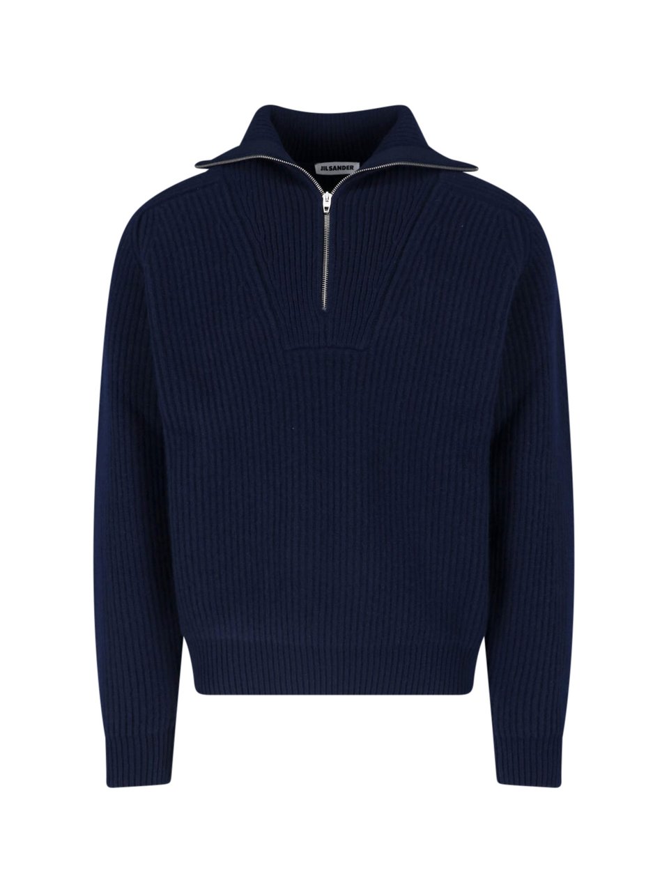Jil Sander Half-Zip Ribbed Knit Sweater with Wide Collar Blauw