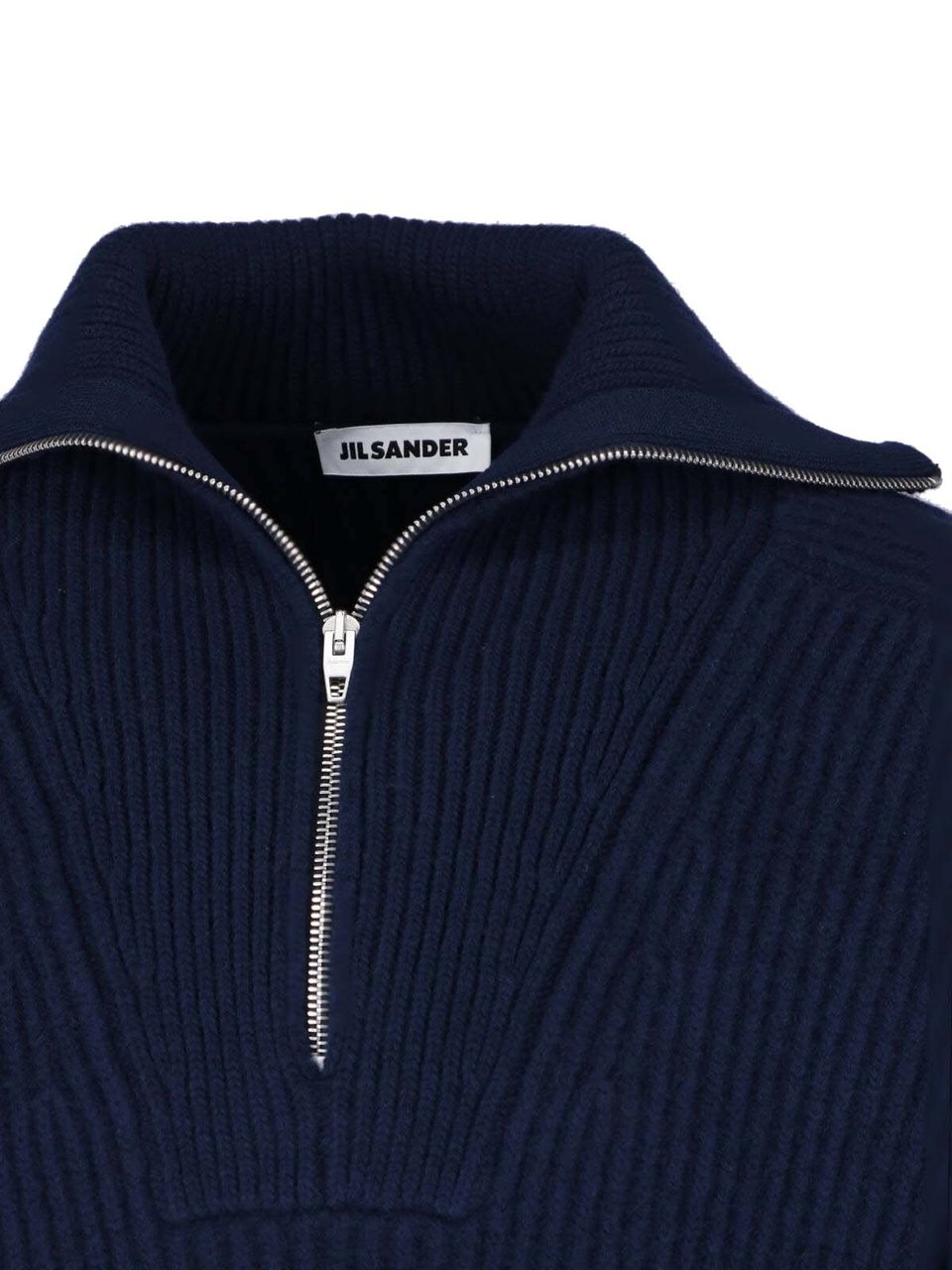 Jil Sander Half-Zip Ribbed Knit Sweater with Wide Collar Blauw