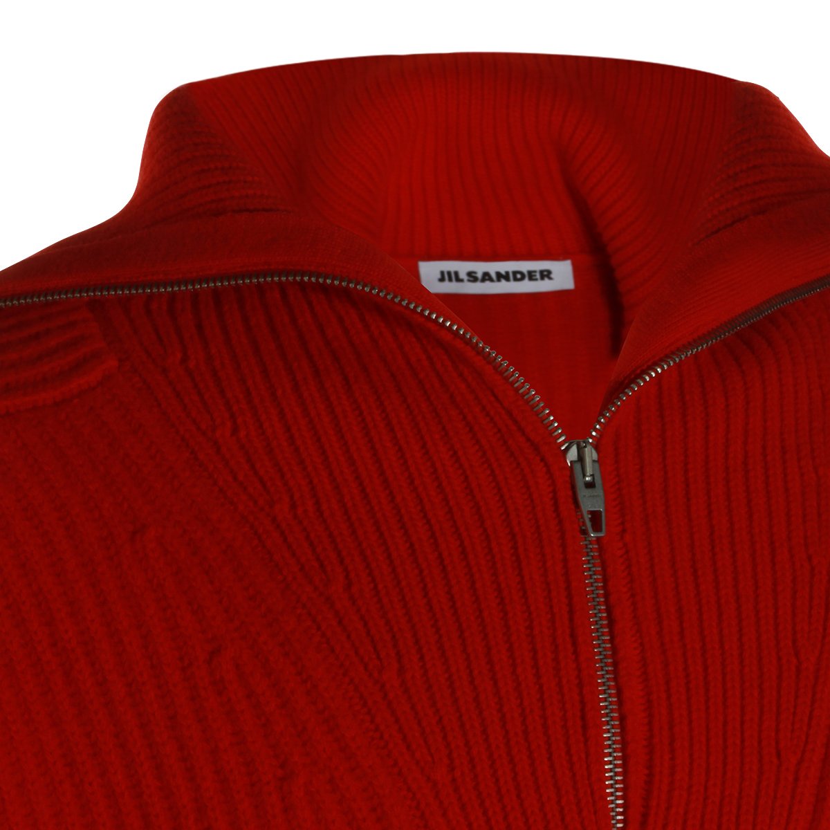 Jil Sander Red Wool Knit Sweater With High Zipped Collar And Ribbed Details Rood