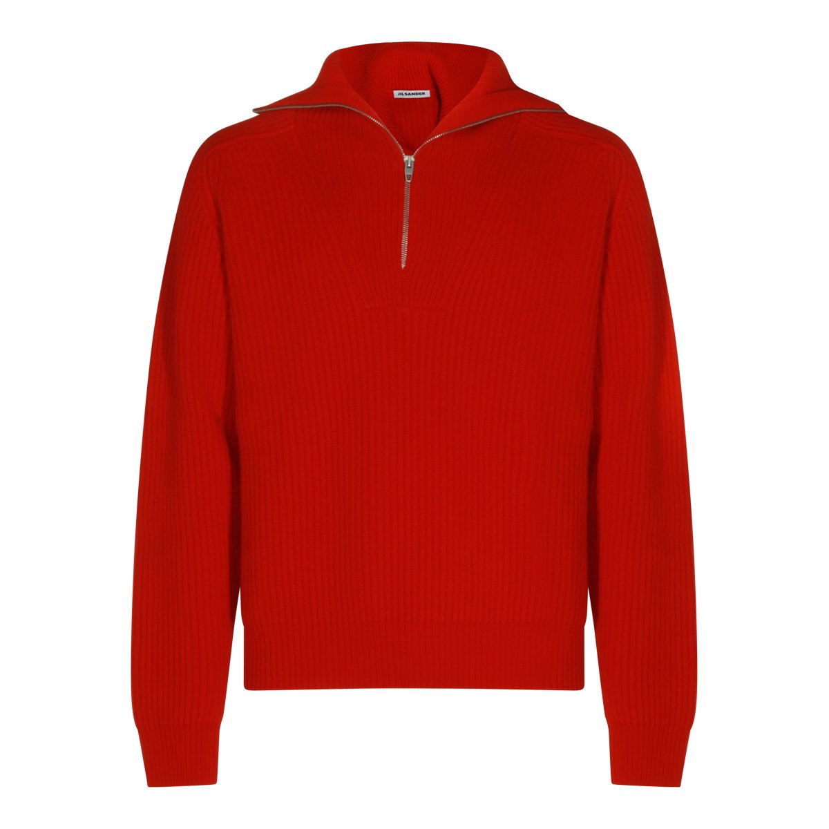 Jil Sander Red Wool Knit Sweater With High Zipped Collar And Ribbed Details Rood