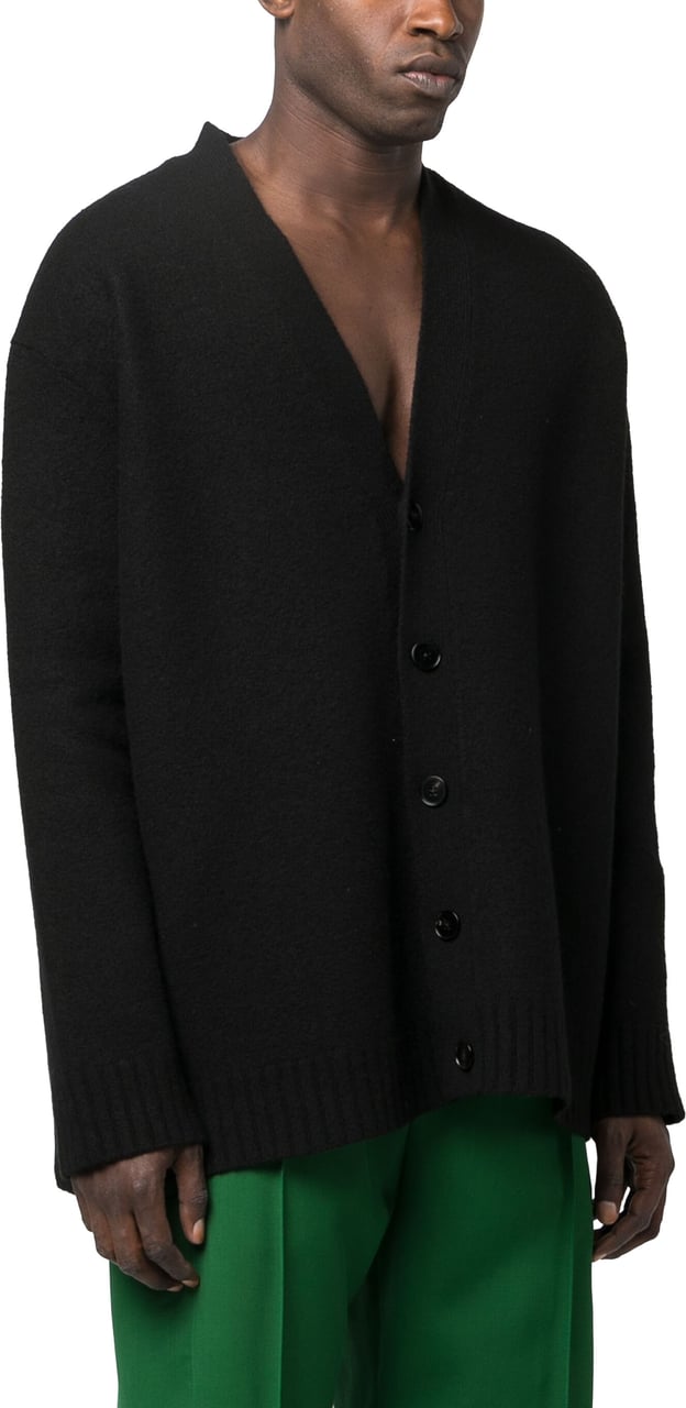 Jil Sander Black Boxy Wool Crew Neck Cardigan Zwart