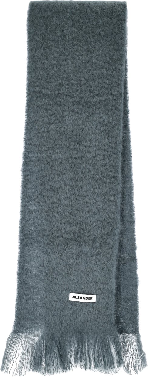 Jil Sander Grey Fuzzy Texture Fringed Scarf Grijs