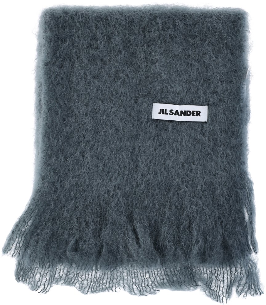 Jil Sander Grey Fuzzy Texture Fringed Scarf Grijs