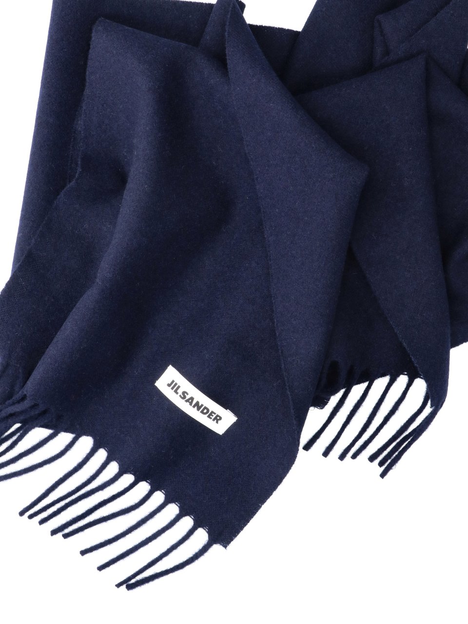 Jil Sander Rectangular Navy Blue Virgin Wool Scarf with Logo Patch Blauw